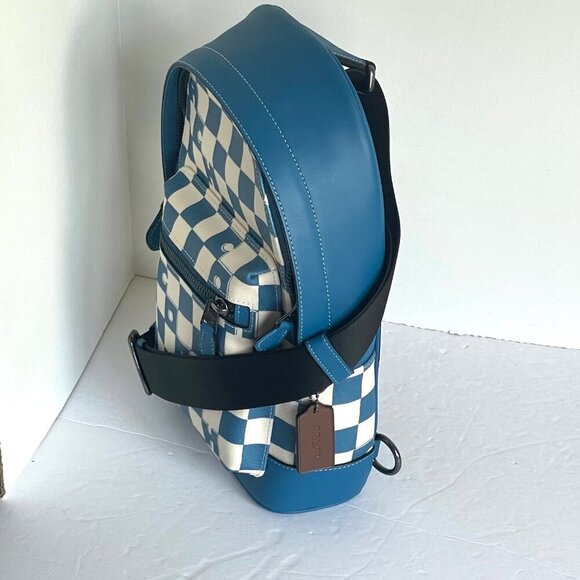 Coach West Pack Sling Bag Checker Blue Canvas Leather Sling Backpack CR294 - Picture 6 of 10